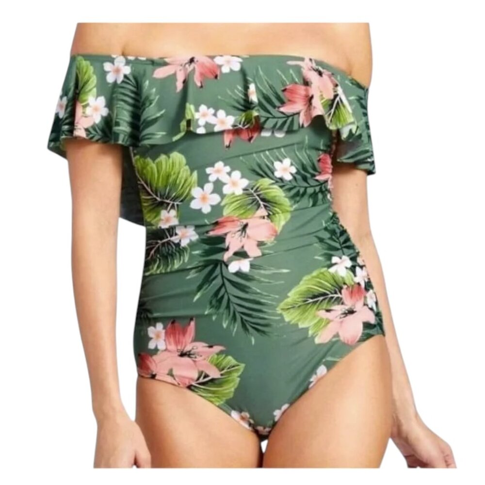 Kona Sol Green Floral One Piece Off the Shoulder Tropical Swimsuit Size M
